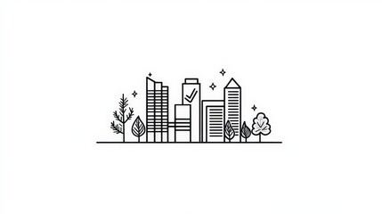 Fototapeta premium Minimalist Line Art of Urban Skyline with Trees and Buildings