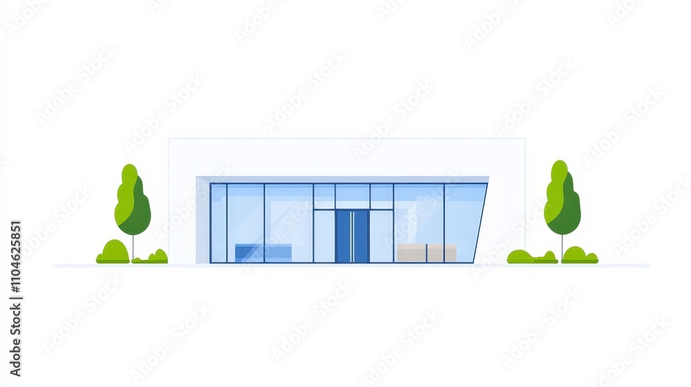 Poster modern minimalist building design with green landscaping elements