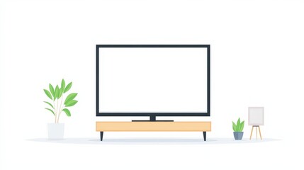 Modern Minimalist Living Room with Television and Green Plants