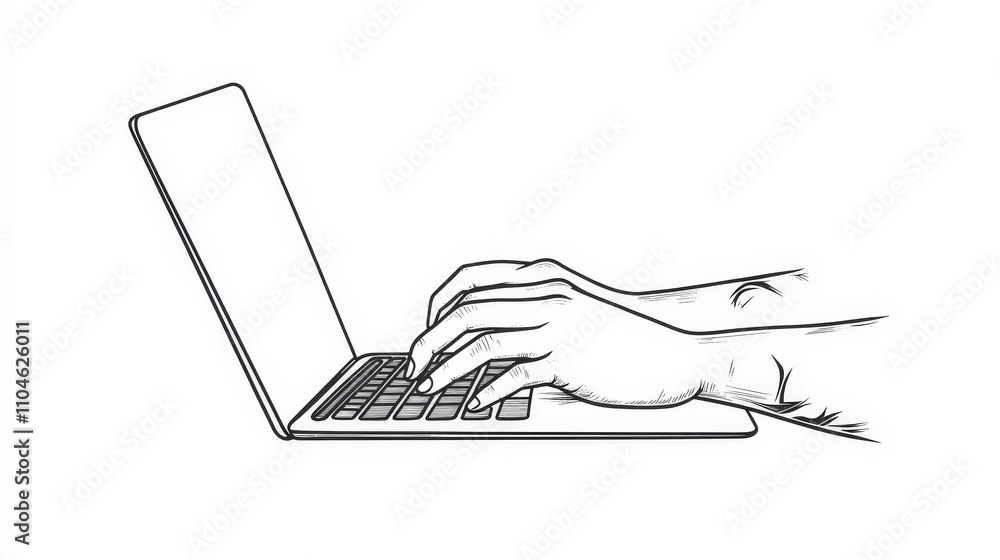 Poster hands typing on a laptop in a minimalist outline style drawing