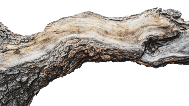 Unique gnarled tree branch artfully displayed, cut out - stock png.