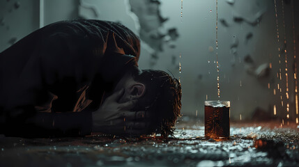 Lost in the Ruins: A haunting portrait of a man submerged in despair, curled on the shattered floor, with a single glass of liquid standing nearby.  Rain pours through the broken roof.