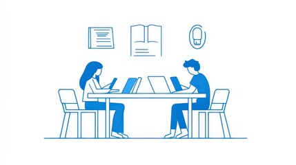 Two Individuals Engaged in Reading and Using Digital Devices at Table