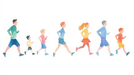 Obraz premium Watercolor Illustration of Happy Families Running Together Outdoors