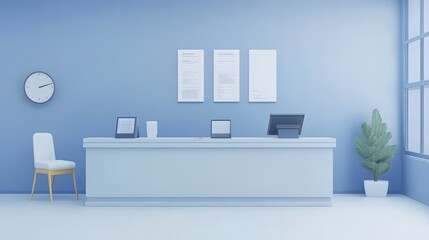 Modern Office Reception Area with Minimalist Design Featuring Light Colors, Stylish Furniture, and Organized Workspace for Professional Environment