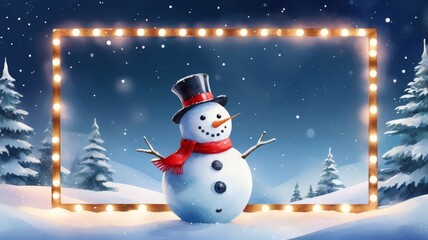 Fototapeta premium A cheerful snowman stands in front of a brightly lit frame, creating a festive winter scene.