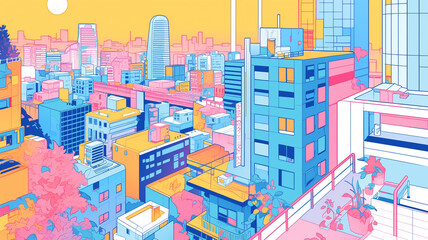 レトロポップ調の都会のビル群のイラスト