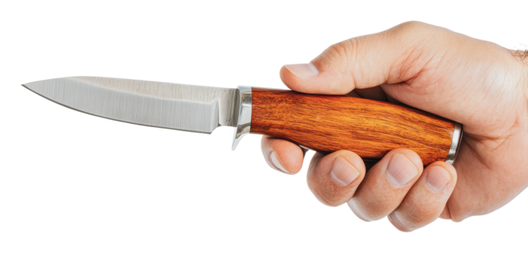 Hand holding a wooden handled knife for crafting, cut out - stock png.