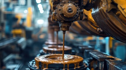 Machinery dispensing a viscous substance in an industrial setting.