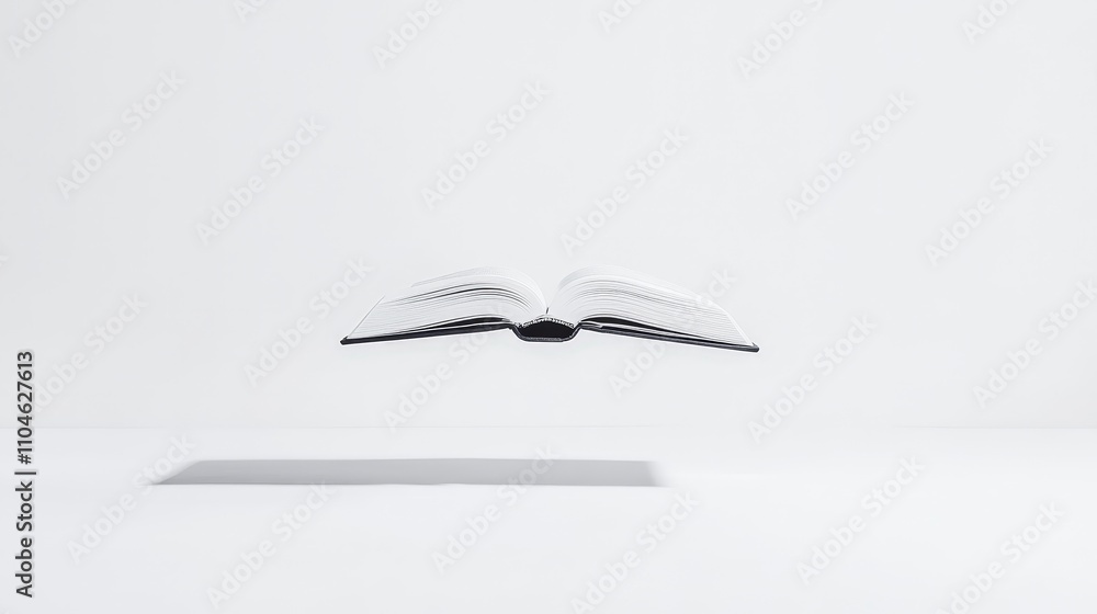 Poster floating open book on minimalist white background in studio setting