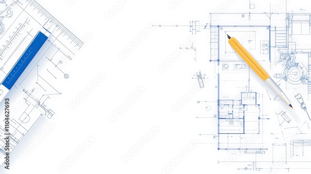 Poster engineering blueprint with ruler and pen on white background