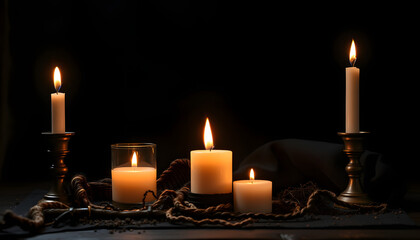 Witch's magic attributes with burning candles on dark background isolated with white highlights, png