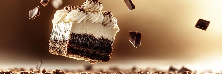 falling Tiramisu on solid background color light brown
