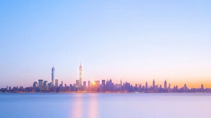 Obraz premium Majestic Sunrise Over a Vibrant Urban Skyline with Reflections