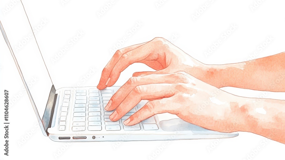 Poster hands typing on a modern laptop with white keyboard and clean design
