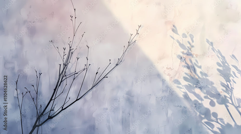 Poster shadow play on wall: delicate, bare branches cast an ethereal shadow against a softly textured wall,