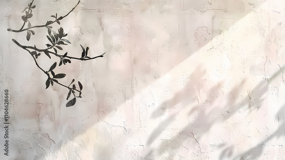 Poster shadowy serenity: a delicate branch with small leaves casts an ethereal shadow against a textured, m