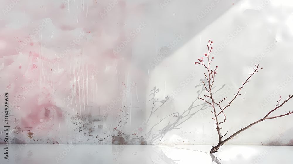 Poster winter branches in soft light: delicate winter branches with tiny red berries stand against a softly