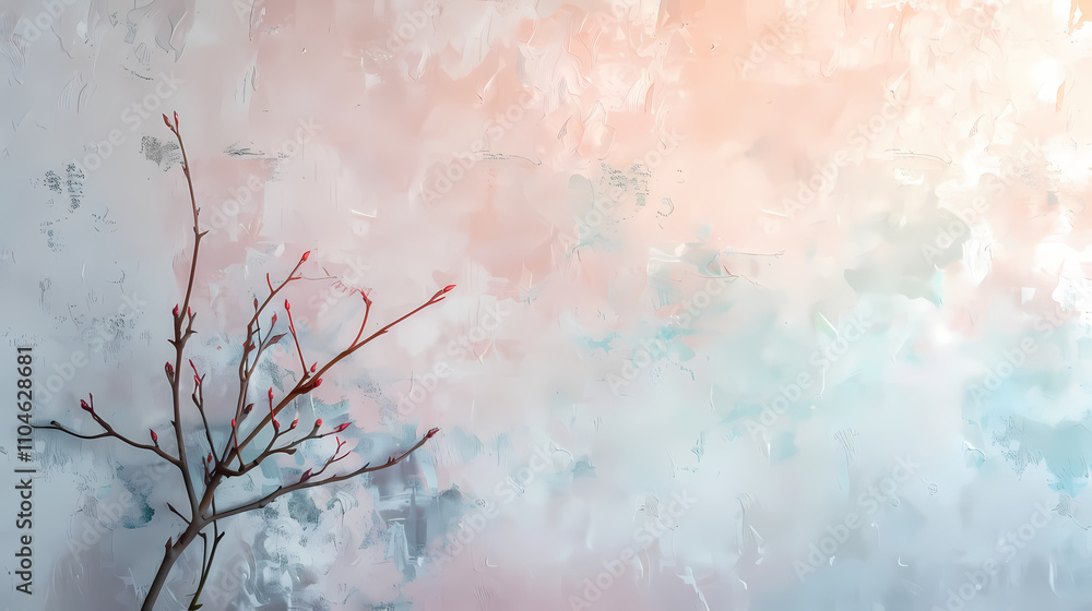Poster minimalist branch on textured background: a single twig with delicate buds stands out against a vibr