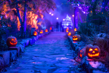 Obraz premium A spooky Halloween pathway lined with glowing jack-o'-lanterns amidst vibrant lights.