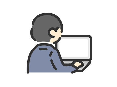 recommend clip art: ノートパソコンを使う、後ろ姿のビジネスマンのアイコン（線画カラー）のイラスト