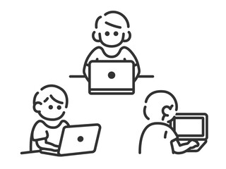 ノートパソコンを使う男性のアイコン（線画）のイラストセット