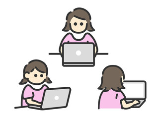 ノートパソコンを使う女性のアイコン（線画カラー）のイラストセット