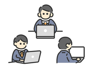 正面から見た、ノートパソコンを使う、ビジネスマンのアイコン（線画カラー）のイラスト