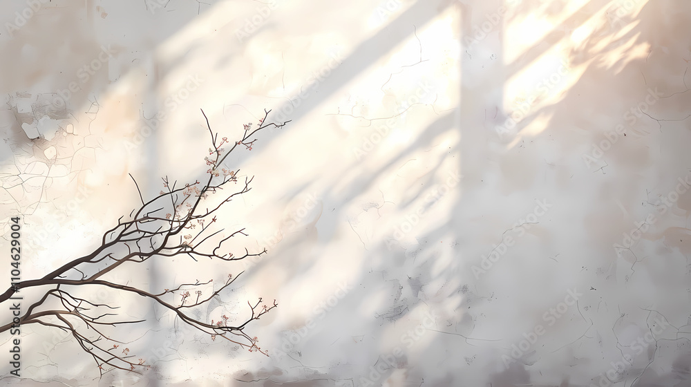 Poster winter branch and shadow play: a minimalist composition featuring a bare branch against a textured w