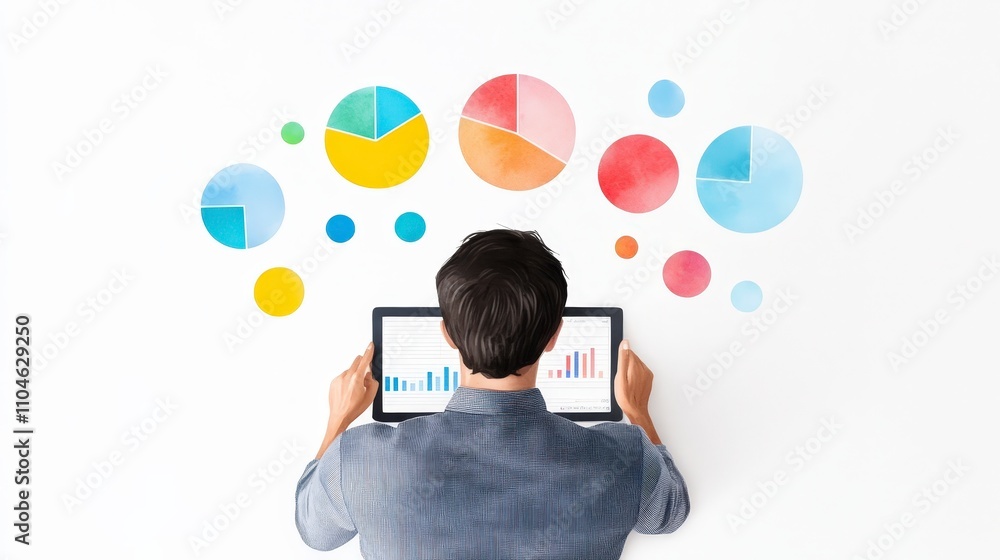Poster business person analyzing data with charts and graphs on tablet