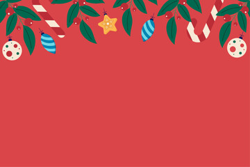 Happy holiday background. Merry Christmas, happy new year. Modern colorful winter vector illustration with tree branches, ornaments, candy canes and copy space.