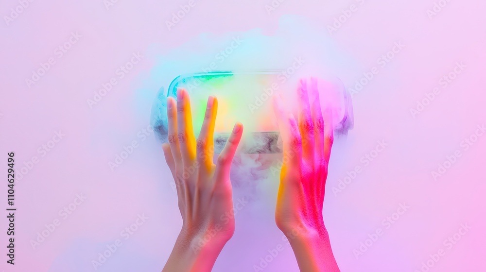 Poster hands creating colorful smoke with transparent object on surface