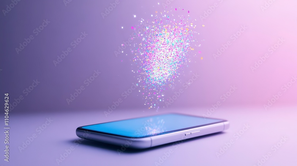 Poster magical smartphone with sparkling colorful particles and glow effect