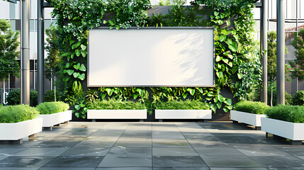 Blank Billboard in Green Urban Oasis:  A minimalist, modern blank billboard set against a lush green backdrop of plants and greenery, showcasing the perfect canvas for your urban advertising campaign.