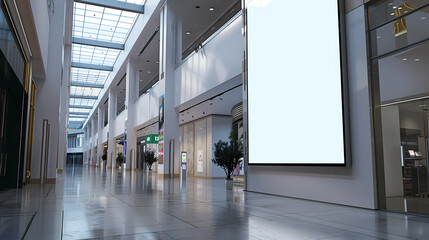 Modern Shopping Mall Interior: A sleek and spacious shopping mall interior features a large blank billboard, perfect for advertising or design mockups. The image showcases a clean.