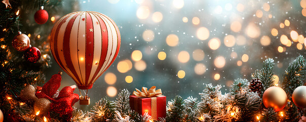 Red and white hot air balloon toy taking off over decorated table with christmas tree and gift, with bokeh effect on background