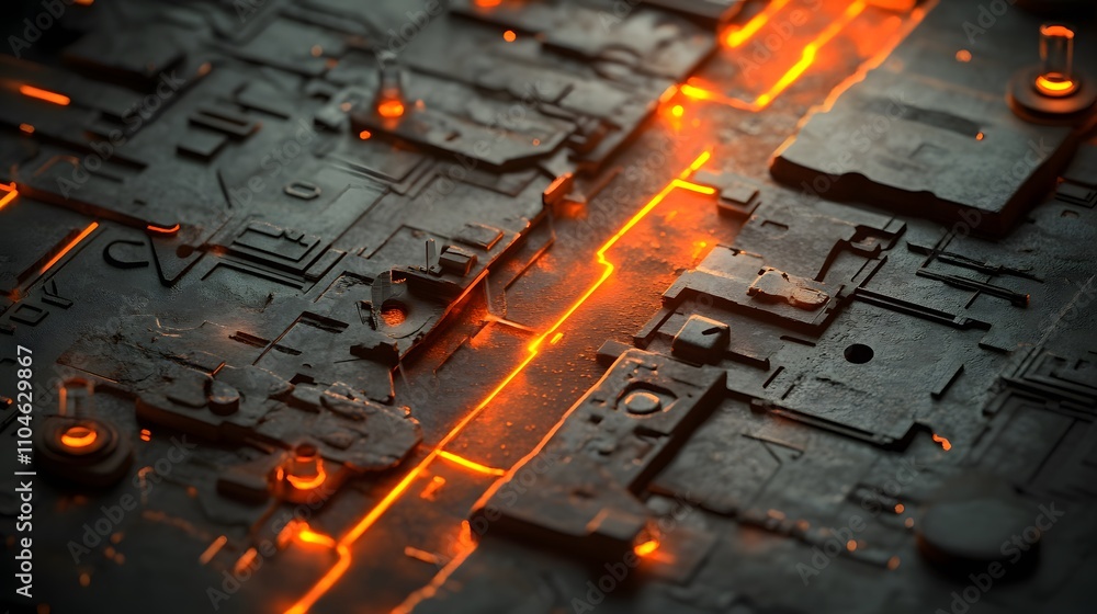 Poster a black and orange circuit board with many small lights. the lights are arranged in a grid pattern