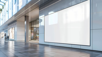 Blank Billboard in Modern City Mall: A large, blank billboard on a modern city mall's exterior, ideal for displaying your message or brand. The billboard stands tall and prominent against a sleek.