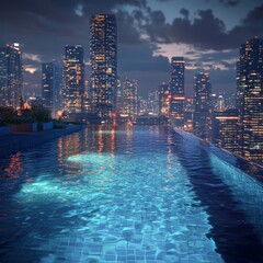 Fototapeta premium Stunning Rooftop Infinity Pool Overlooking Urban Skyline at Dusk