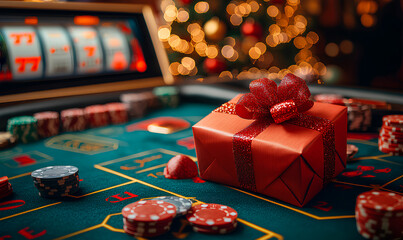 A festive casino table features a wrapped gift box surrounded by holiday decor and casino chips