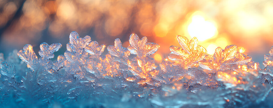 Delicate snowflakes sparkle beautifully as the warm glow of sunset illuminates the frosty groun