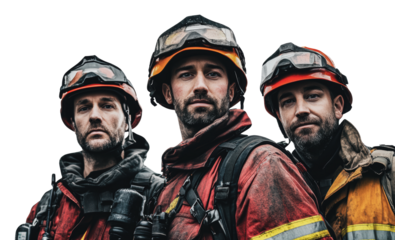 Brave firefighters posing for a portrait outdoors, cut out - stock png.