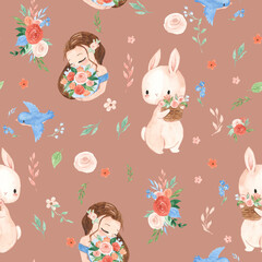 watercolor bunny, women, bird, flowers seamless pattern illustration for kids