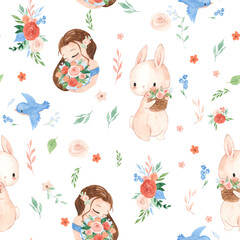 watercolor bunny, women, bird, flowers seamless pattern illustration for kids
