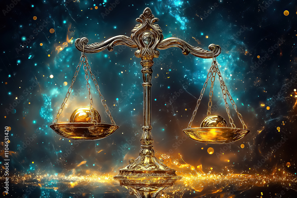 Poster golden scales float against a mesmerizing cosmic backdrop, representing equilibrium and fairness in 