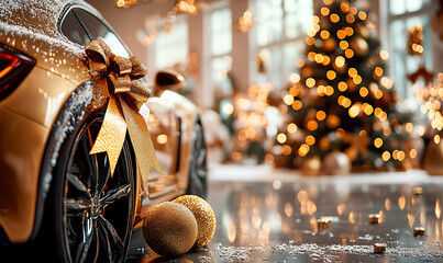  A luxury gift car with a golden bow is parked in front of a beautifully decorated Christmas tree