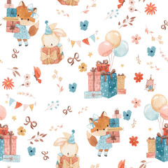 watercolor bunny, fox seamless pattern illustration for kids