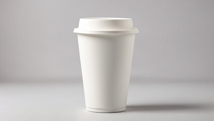 A minimalistic and elegant photo of a plain single white paper cup mock up on white background