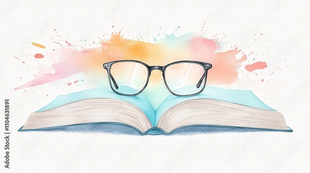 Poster open book with glasses on top and abstract color splash background