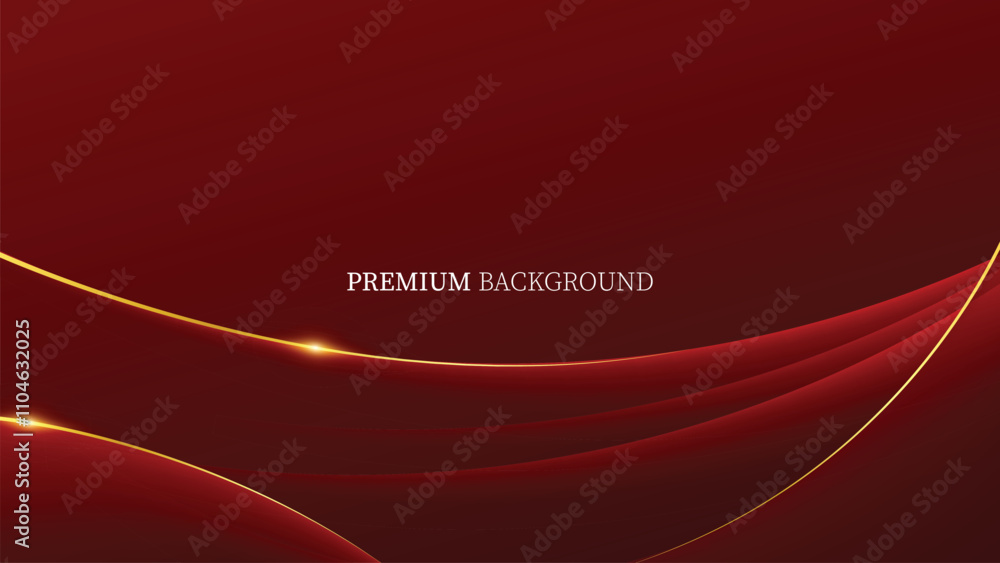 Poster abstract golden ribbon and wave lines on red background and red technology geometric background. mod